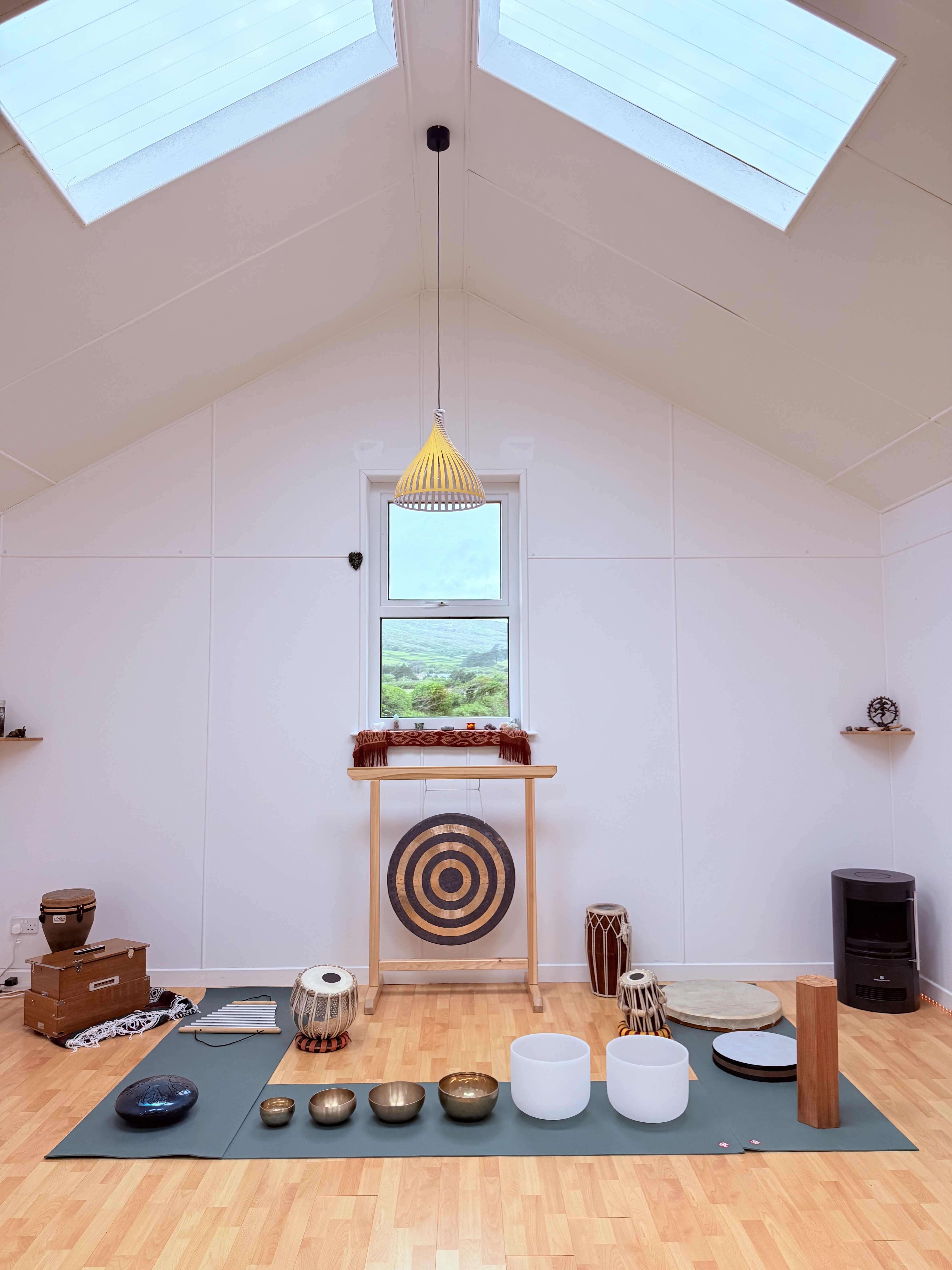 Sound meditation room with Tibetan bowls and instruments